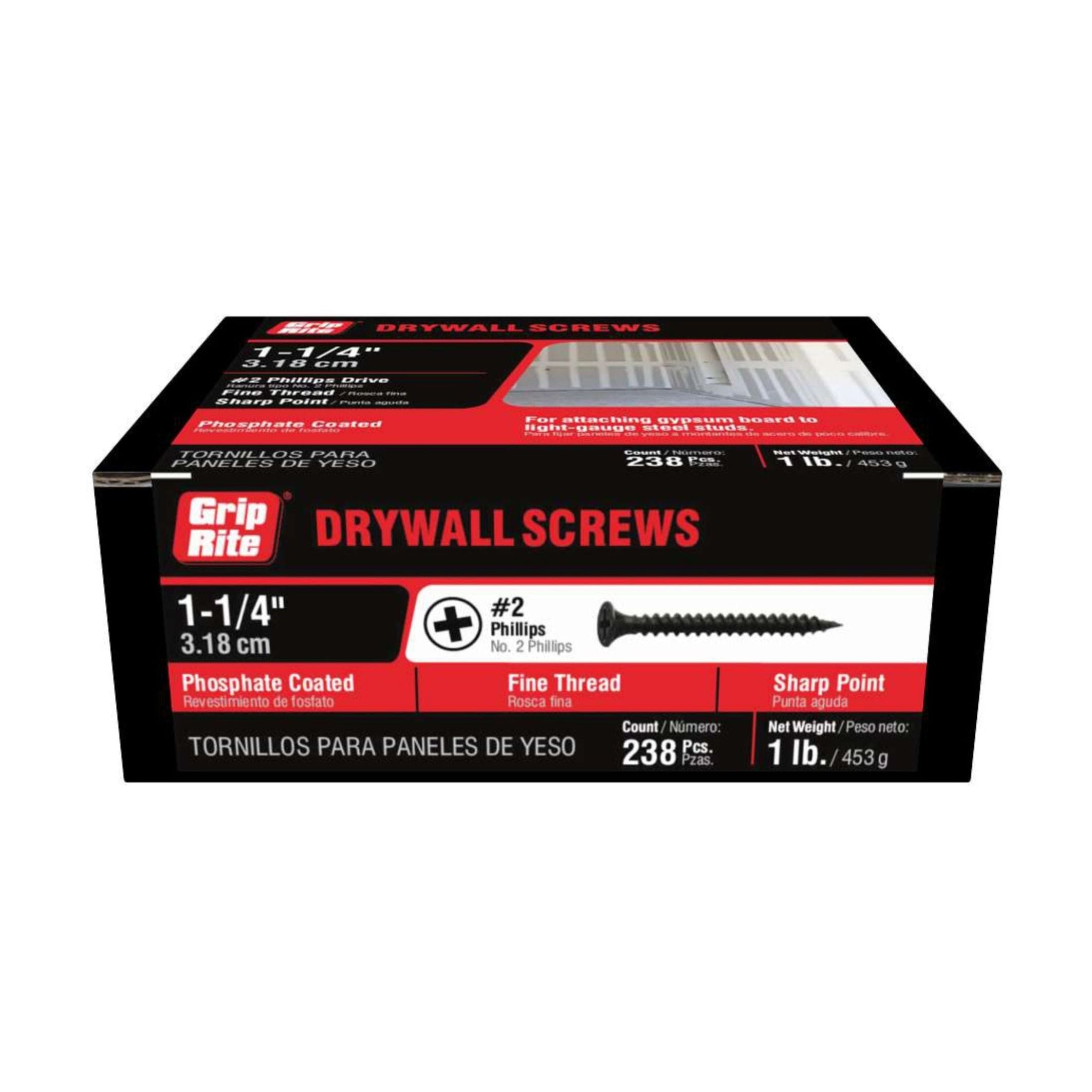 The Grip-Rite drywall screws, weighing 1 lb with 238 screws per pack, come in a black and red box. These #6 x 1-1/4 in. #2 Phillips bugle head screws feature a black phosphate coating, fine threads, and sharp points for efficient use.